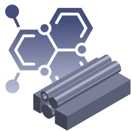 icon depicting material in stock shapes with schematic of a molecule