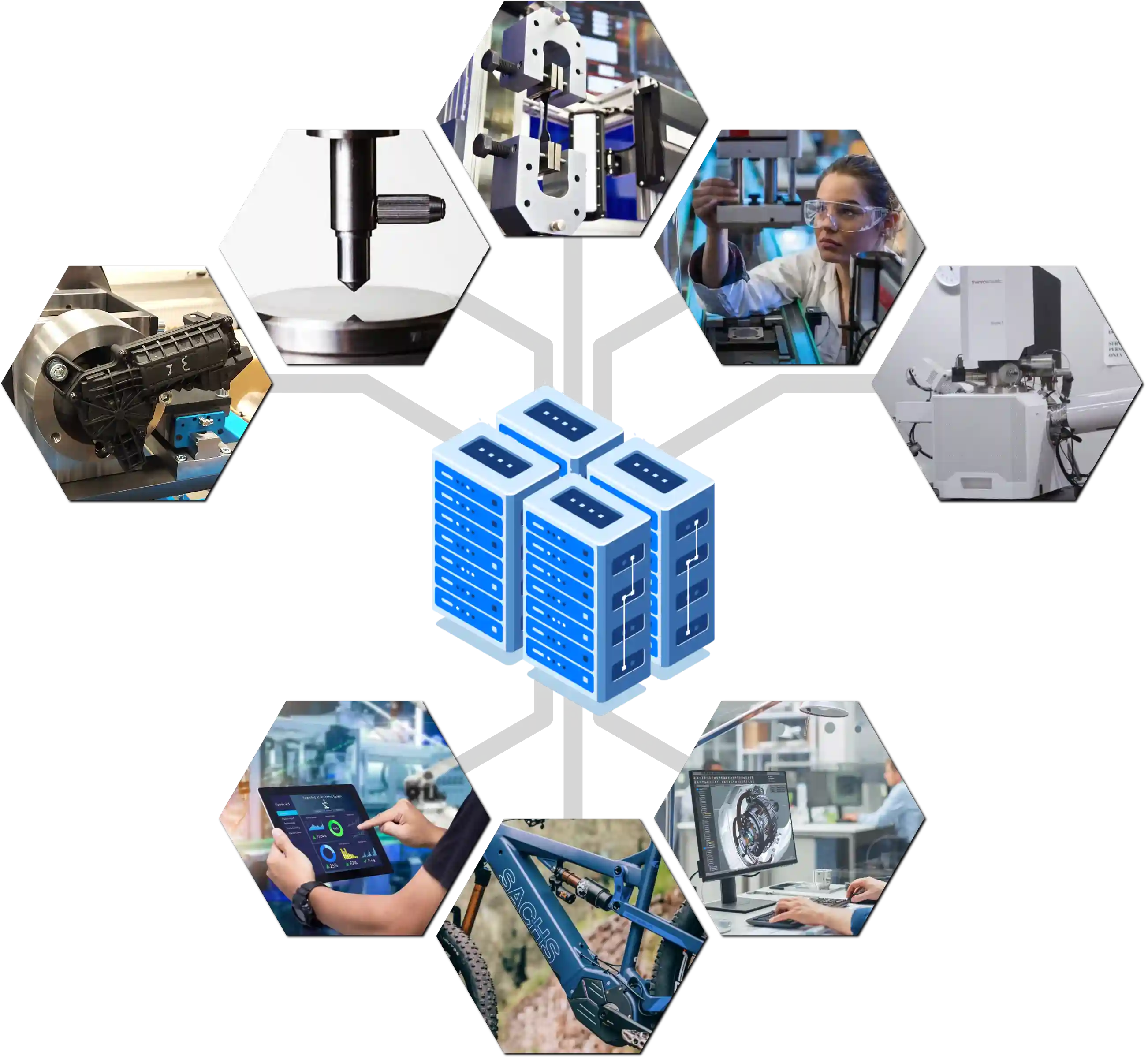Various testing procedures and engineering design images in hexagon frames and server icon